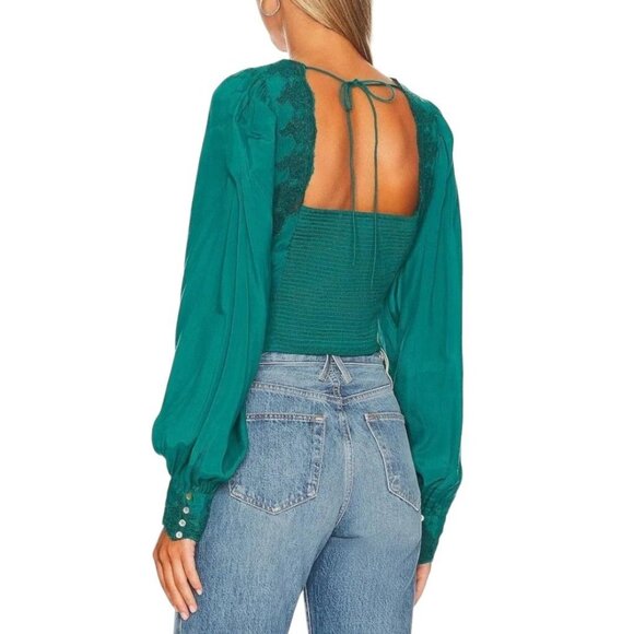Free People Janelle V-Neck Lace Trim Corset-Style Blouse Teal Balloon Sleeves S - Picture 2 of 13